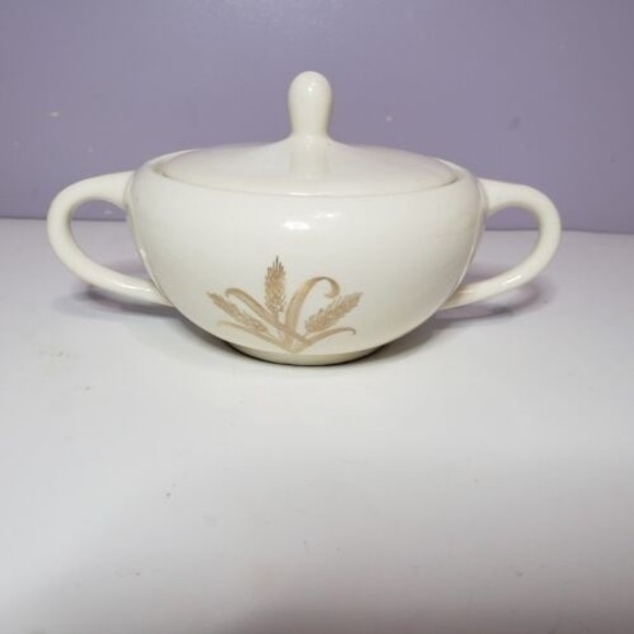 Sugar Bowl w Lid Wheat Pattern Gold Gild Handles  Creme / Off White ( 2.25 ×7" ) - Picture 1 of 15